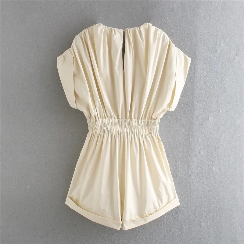 

2021 Women Casual Summer Beige Solid Loose Playsuits Chic Lady Fashion Pleated Elastic High Waist Short Jumpsuits