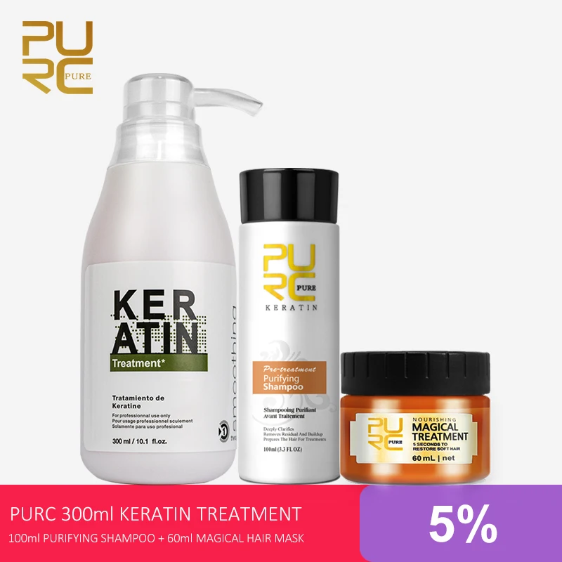 

PURC 5% Brazilian Keratin Straightening Treatment Shampoo Hair Mask Set for Damaged Dry Curly Hair Smoothing Repair Keratin Care
