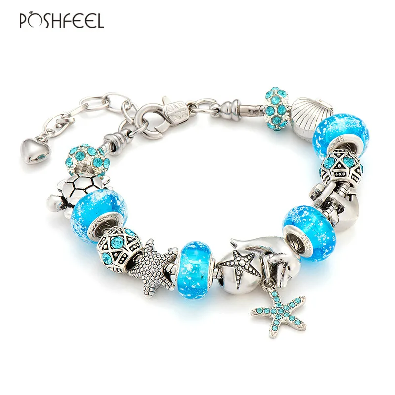 Poshfeel Summer Jewelry Starfish/Turtle Charm Bracelets For Women Blue Murano Glass Beads &amp Bangles Mbr170276 | Украшения и