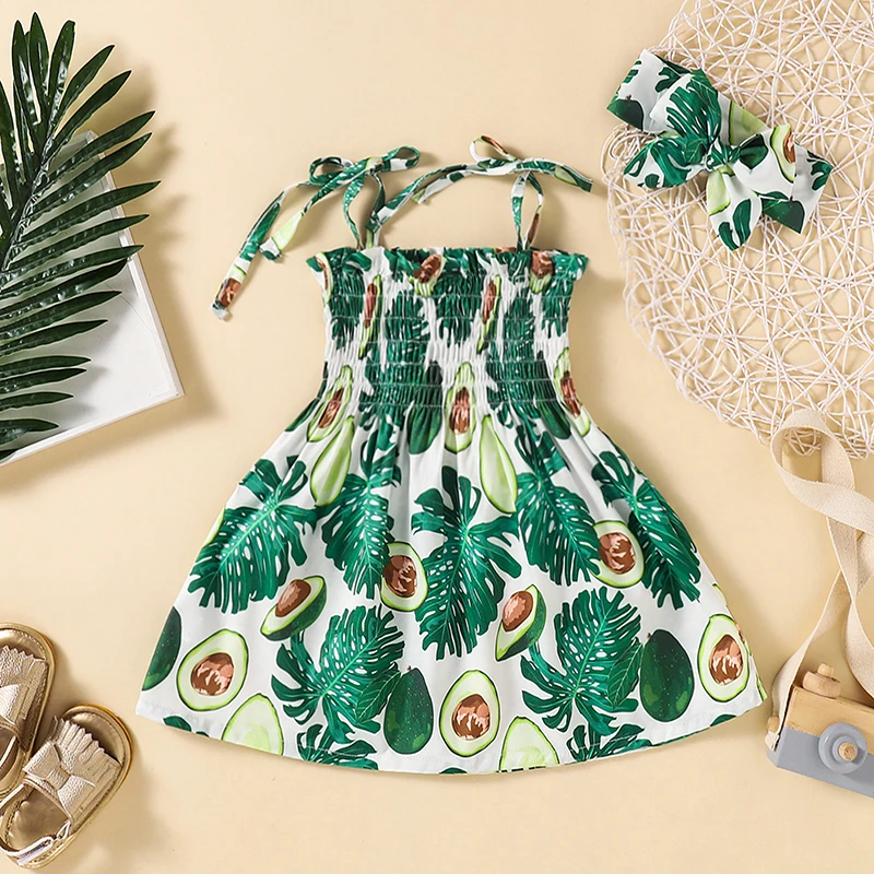 

Avocado Sling Stitching Girls Dresses Plant Printing Cute Dress Party Casual Skirt Clothes Fashion Gifts For Kids