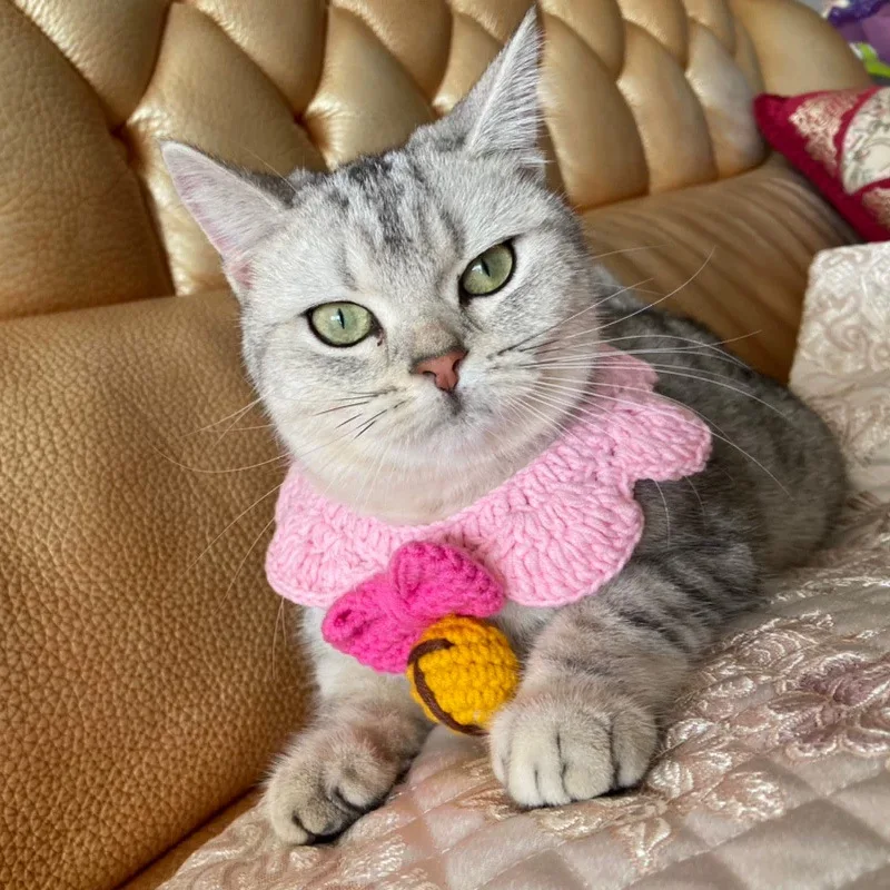 

Cute Crocheted Cat Collar Woolen Dog Bandana Sweet Bowknot Pet Necklace Manual Cat Scarf for Small Cats Pink Kitten Accessories