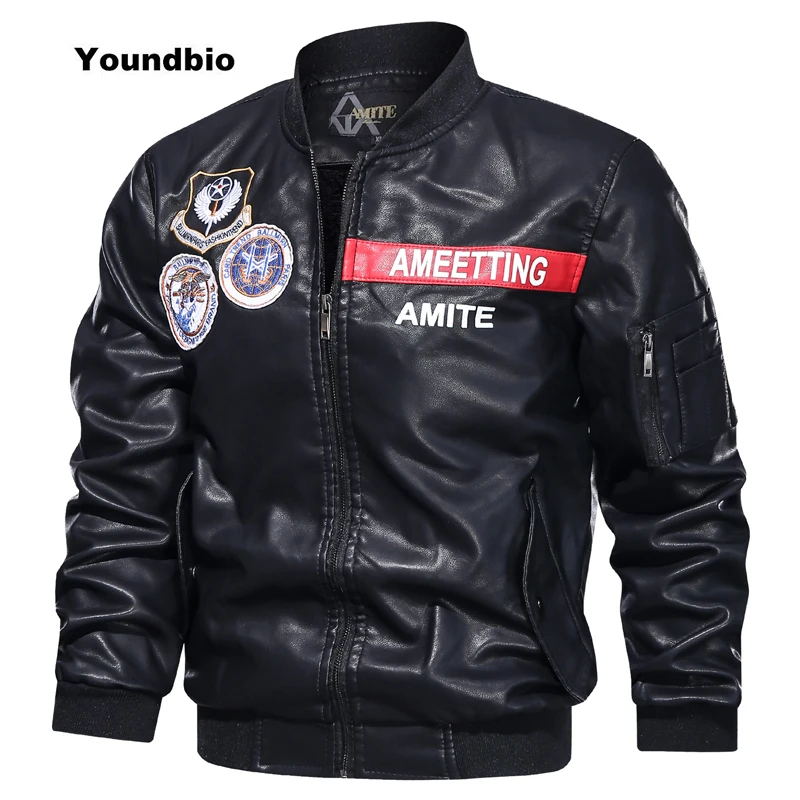 New Men Leather Jackets Brand Clothing Autumn Winter Casual Embroidered Aviator Jacket Motorcycle Pu Biker Coats | Мужская одежда