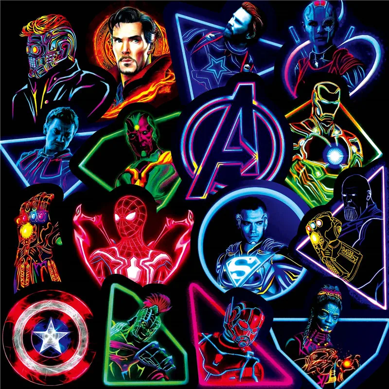 

60Pcs Neon Lights Marvel Spiderman Iron Man Doctor Strange Stickers Suitcase Cup Scooter Trolley Suitcase Guitar Cartoon Toy