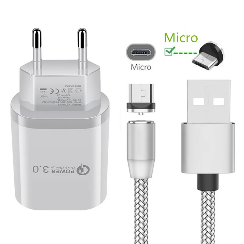 EU Charger and Cable 1 м Магнитный микро-usb-кабель для samsung S7 edge A5 A6 A7 huawei Honor 7A 8A 8X для Xiaomi Redmi 7 для Sony Meizu M5 M6 Note htc LG X power Android мобильный телефон QC 3,0 быстрое зарядное устройство - Тип штекера: EU Charger and Cable