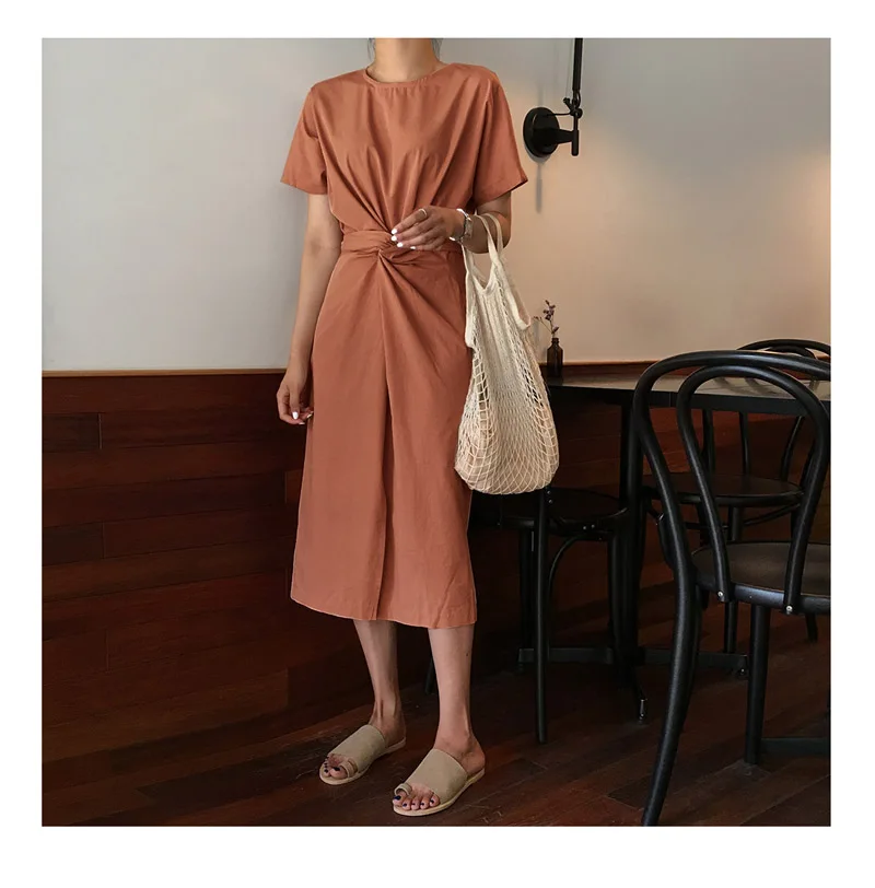 Корейское женское платье с бантом и поясом круглым вырезом коротким