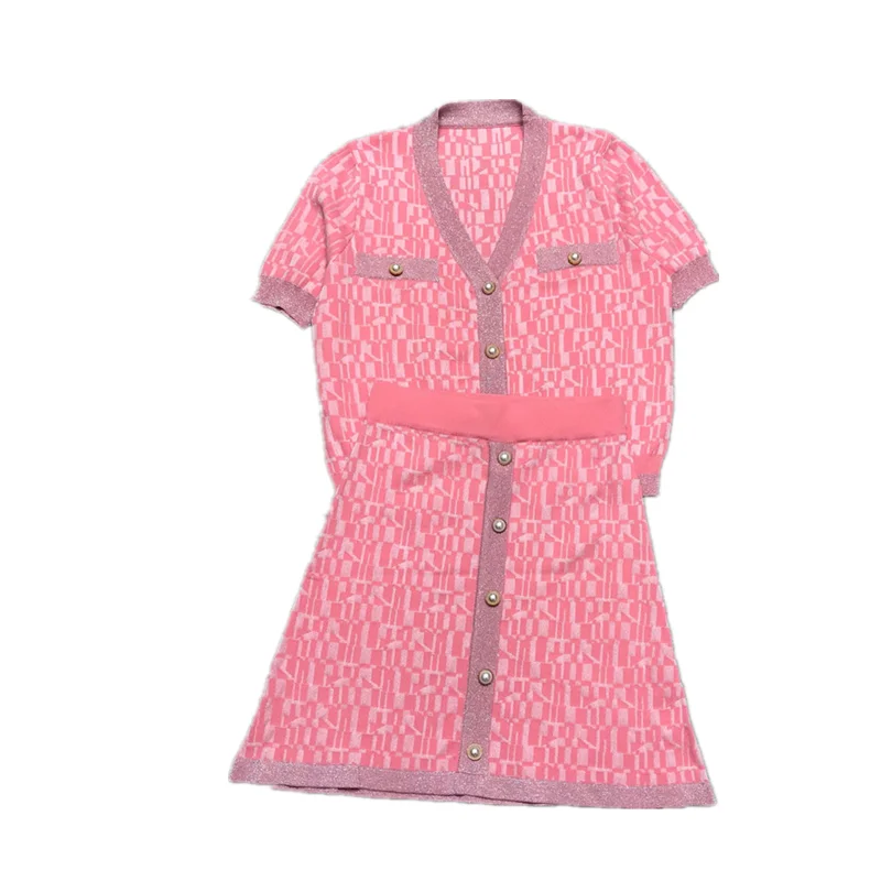 

Autumn Knitted Sweater Two Piece Set 2020 Women Elegant V-neck Short Sleeve +Mini Skirt Two Piece Outfits