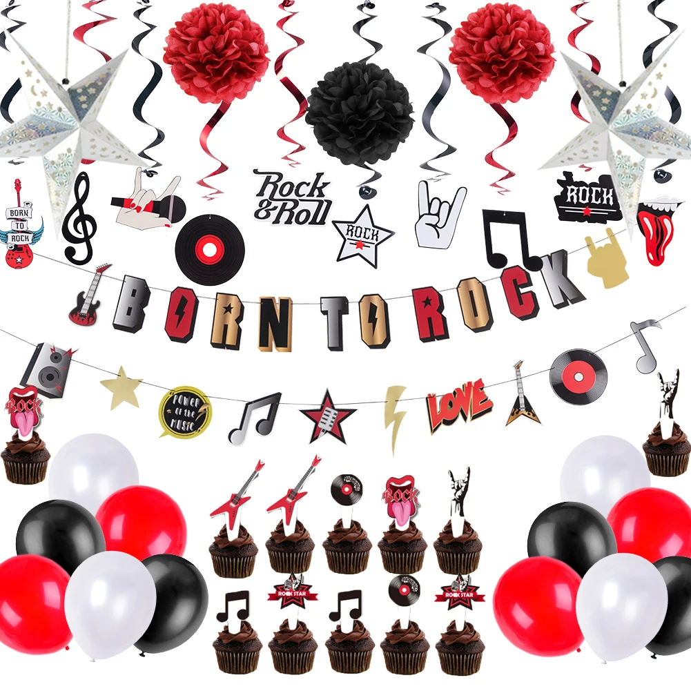 

Rock&Roll Music Party Decorations Hanging Swirl Guitar Record Violin Music Cake Topper Musical Instrument Banner Party Backdrop