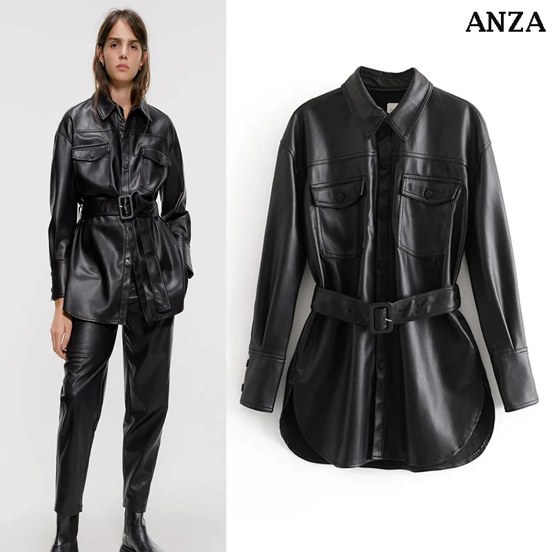 Женская куртка из искусственной кожи ZA элегантное пальто с поясом на пуговицах