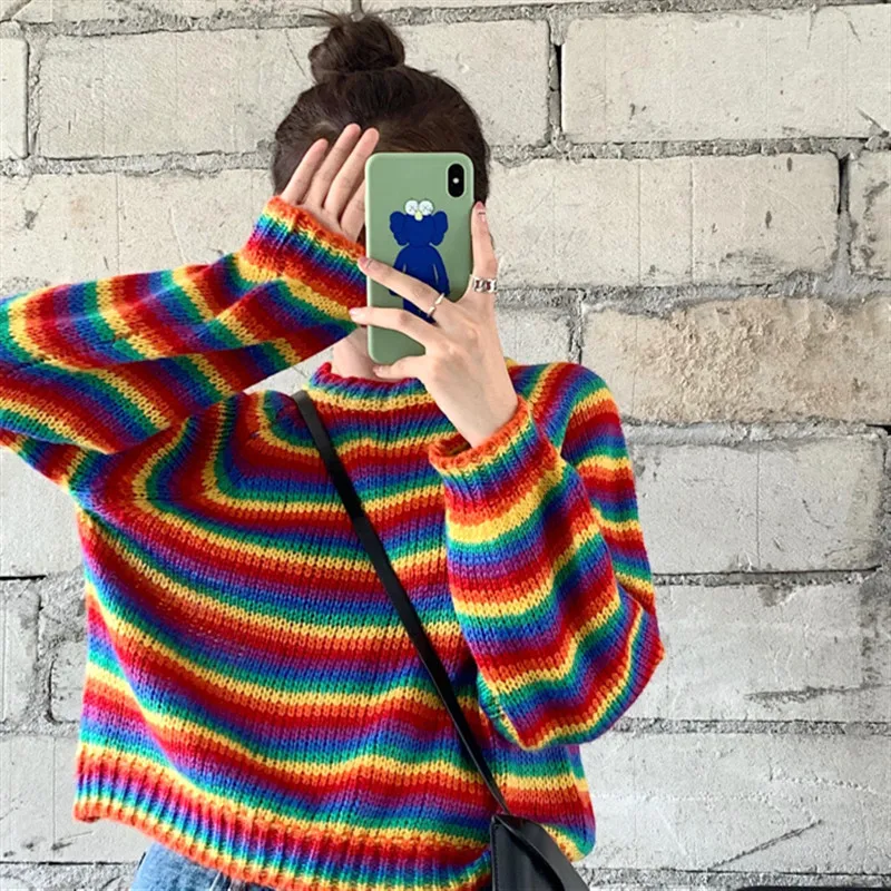 Свитер женский Радужный в полоску Свободный Вязаный топ стиле ретро свитер