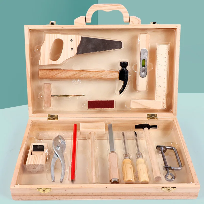 

17Pcs Children Carpenter Tool Set Construction Pretend Play Simulation Wooden Tool Chest Kit For Kids Tool Box Educational Gift