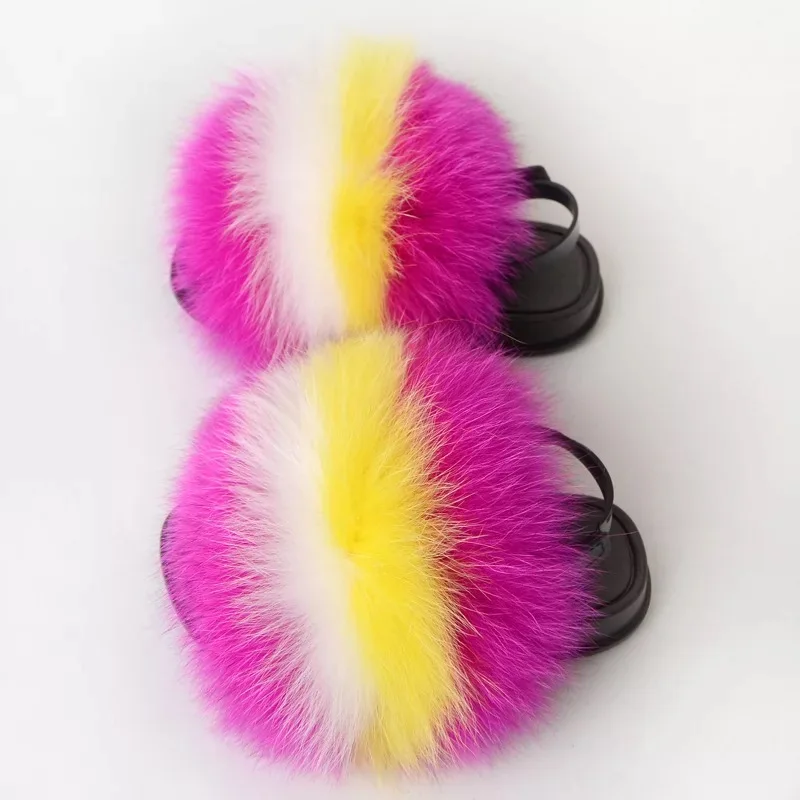 

Children Real Fox Fur Slippers Flat Furry Slides Fluffy Sandals Baby Girl Fur Slippers Summer Home Slippers Cute Plush Shoes Hot