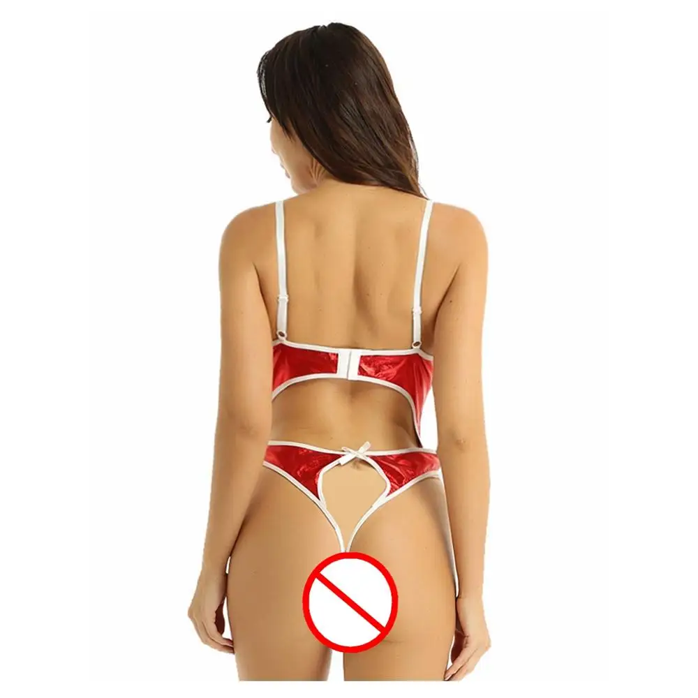 

Womens Lingerie Open Cup Crotchless Teddy Bodysuit Adjustable Spaghetti Shoulder Straps adies Shiny Metallic Christmas Costume