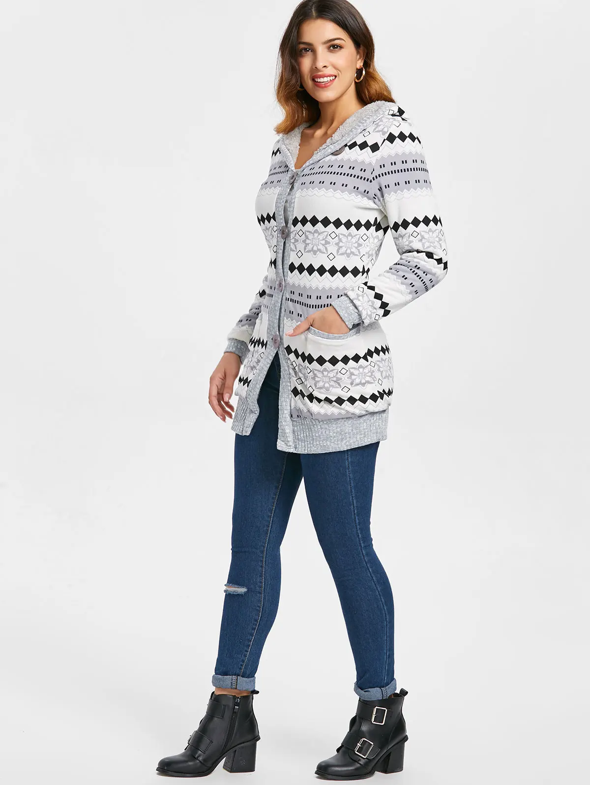 Wipalo Autumn Winter Women Women Hooded Sweaters Button Up Geometric Cardigan Fashion Long Hooded Sweaters New