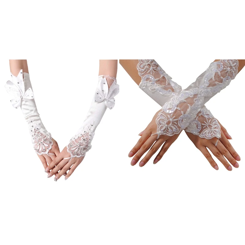 

2 Pairs White Finger Bowknot Pearls Bridal Gloves Wedding Gloves, A & B