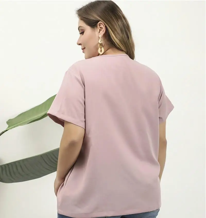 

CACNCUT Women Summer Large Size Short Sleeve Tops 2020 Spring Casual V Neck Loose Mesh T-shirt Female Pink 4XL Plus size T-Shirt