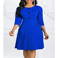2021 new large womens spring and autumn solid color dress round neck quarter sleeve button waist a line skirt women dress