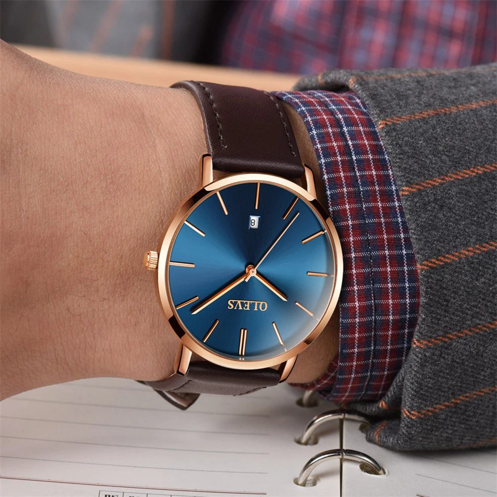

OLEVS Ultra-thin men watch leather band simple style fashion male watches best sellers classic quartz wristwatches for man gifts