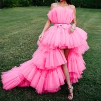 2021 tiered hi low prom dresses strapless belt bowknot 2021 pink tulle long evening dress party for women vestidos de festa