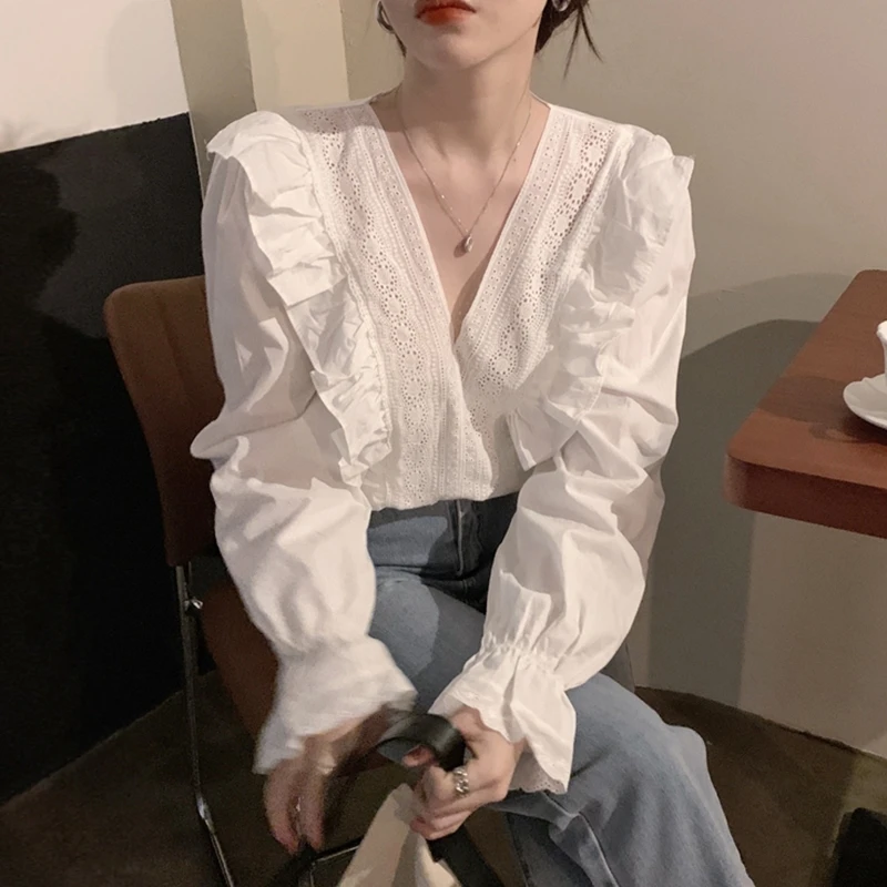 

Women Korean Style New Ruffles Shirt Lace Spring Autumn Solid Design Slim Breathable High Quality Leisure All-match Ladies Loose