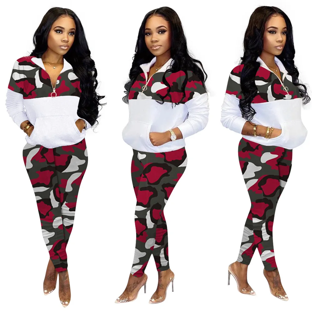

Streetwear Camouflage Patchwork Sweatsuit Women's Set Sweatshirt Pants Set Active Tracksuit Two Piece Fitness Outfit Set