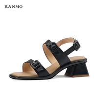 2021 new block chunky heels genuine leather gladiator sandals women narrow bandage black buckled strap summer shoes big size 43