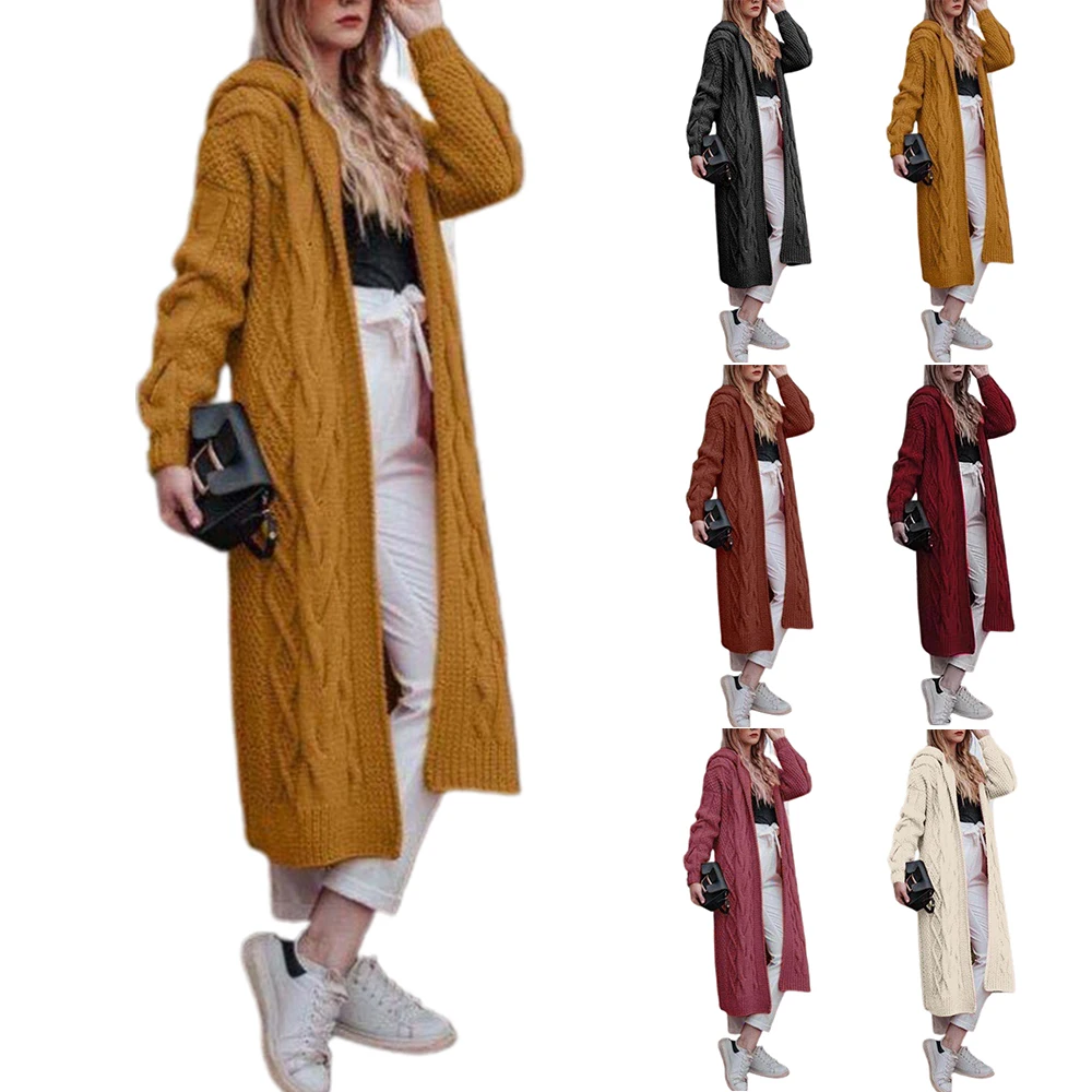 

Женский вязаный кардиган с открытой передней частью, зимний теплый свитер с длинным рукавом, пальто, простое трикотажное длинное пальто, ве...