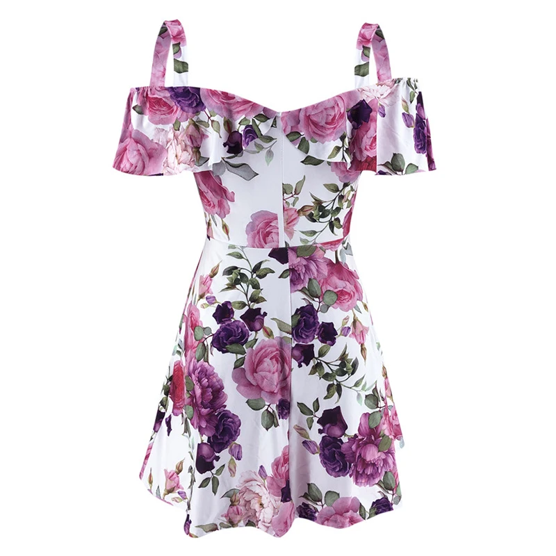 

Summer 2020 V-neck Womens Mini Dress Off Shoulder Vintage Floral Print Ruffled Short Sleeve Dress Sexy Party Dresses Vestidos
