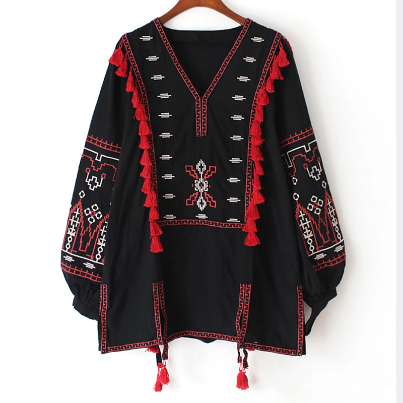 Черный GypsyLady/Хлопковые блузки с цветочной вышивкой, рубашка, осенняя винтажная туника с длинными рукавами в стиле бохо, хиппи, этнический Топ - Цвет: Черный