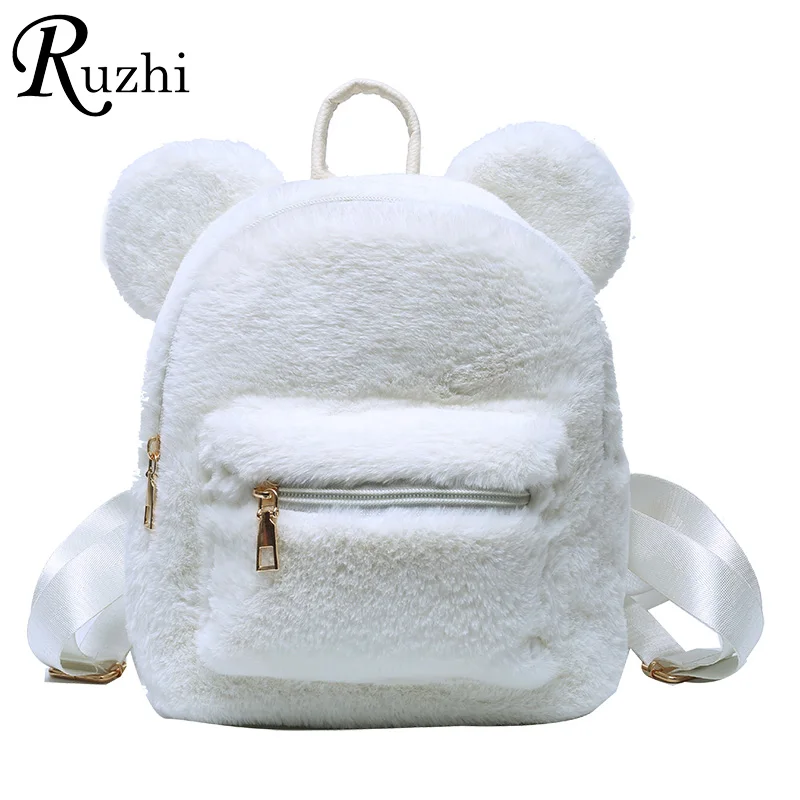 Plush Women's Backpack With Bear Ears Fur Shoulders Bag Cute Furry Women Bag Bag Packs For Girls 2021 KPOP Mini Backpack Lady