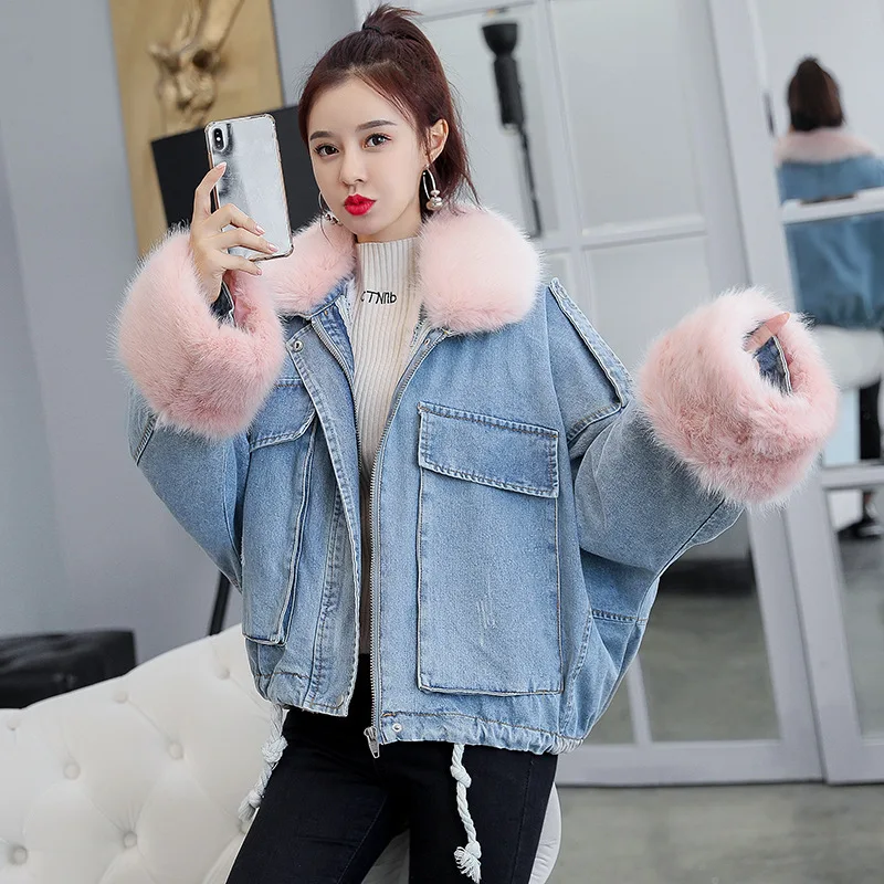 Hot Sale Pie Overcoming Denim Jacket Plus Plush Collar Denim Jacket for Ladies Velvet Denim Jacket Bubble Autumn Winter New