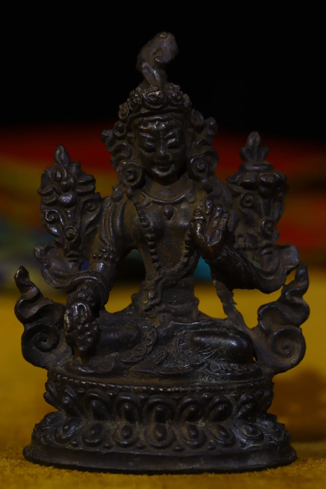 

2"Tibetan Temple Collection Old Bronze Green Tara Bodhisattva Sitting Buddha amulet Town House Exorcism Ward off evil spirits