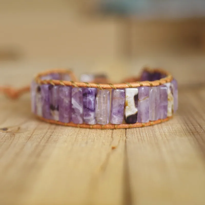 Женский кожаный браслет и в богемном стиле с фиолетовыми кристаллами|Браслеты