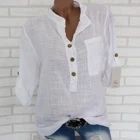 Блузка женская с длинным рукавом, однотонный топ из хлопка и льна, с V-образным вырезом, рабочая одежда, рубашки, 2021 размера плюс, осень S-5XL