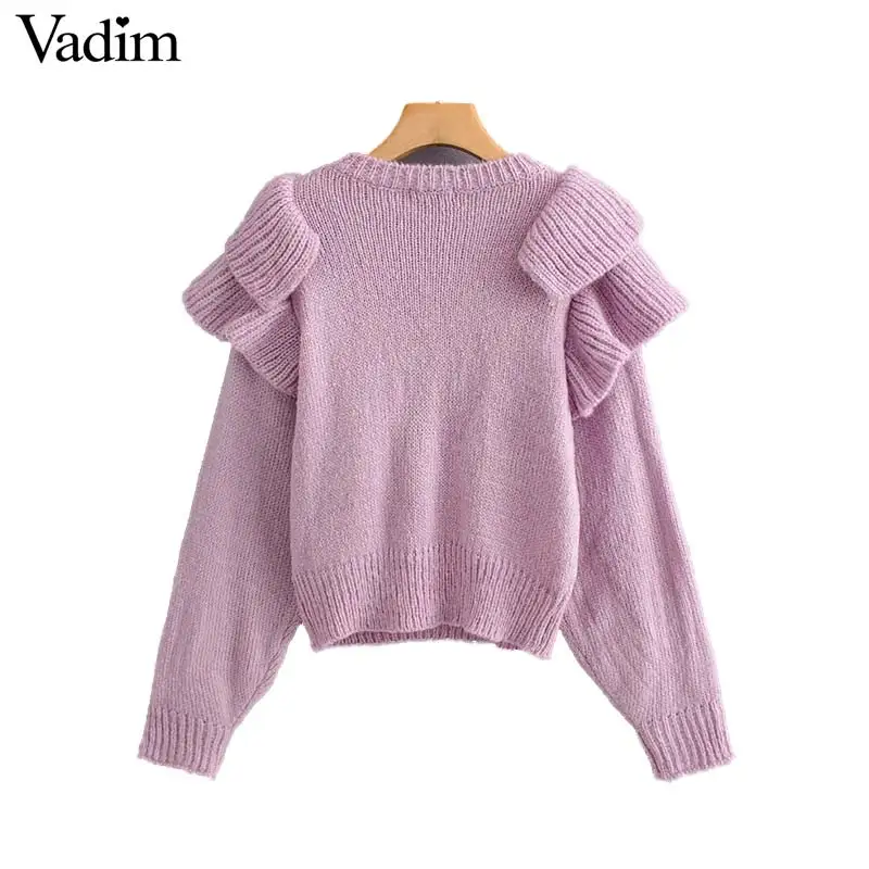 Vadim милый Женский вязаный свитер с оборками длинные рукава круглый вырез