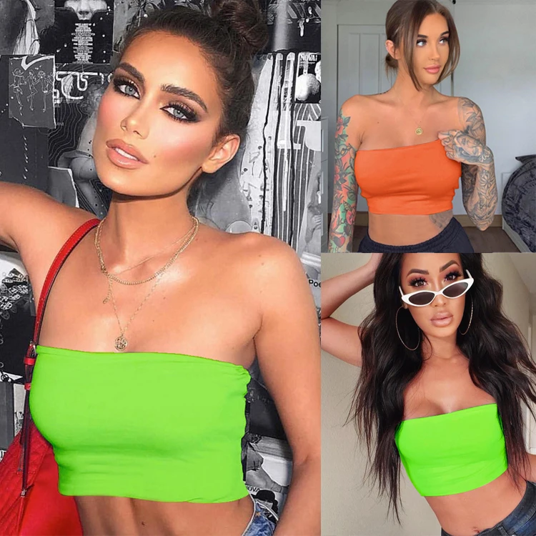 

2021 summer women's short vest popular solid color strapless one-word tube top women fluorescent color short camisole sexy top