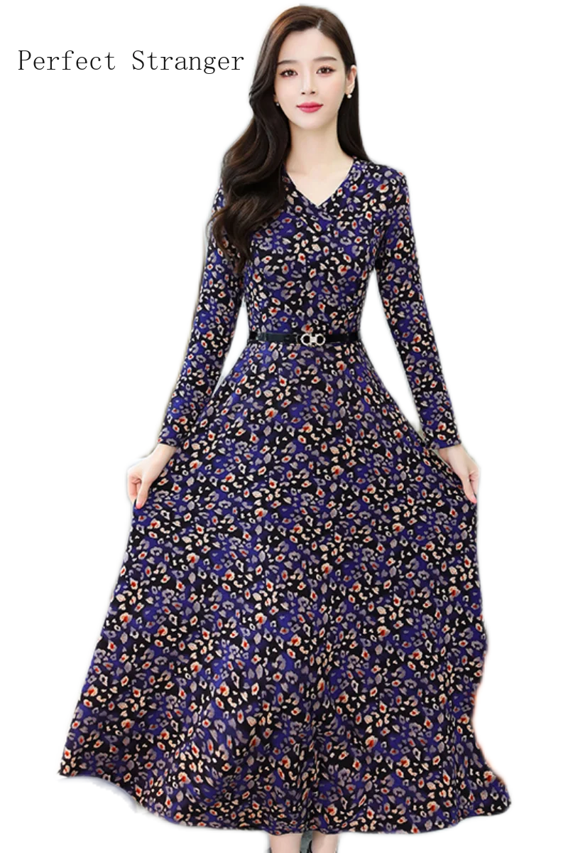 

2020 Autumn Winter New Arrival Hot Sale Thicken Fleeces V Collar Flower Printed Long Sleeve Women Long Dress Plus Size M-3XL