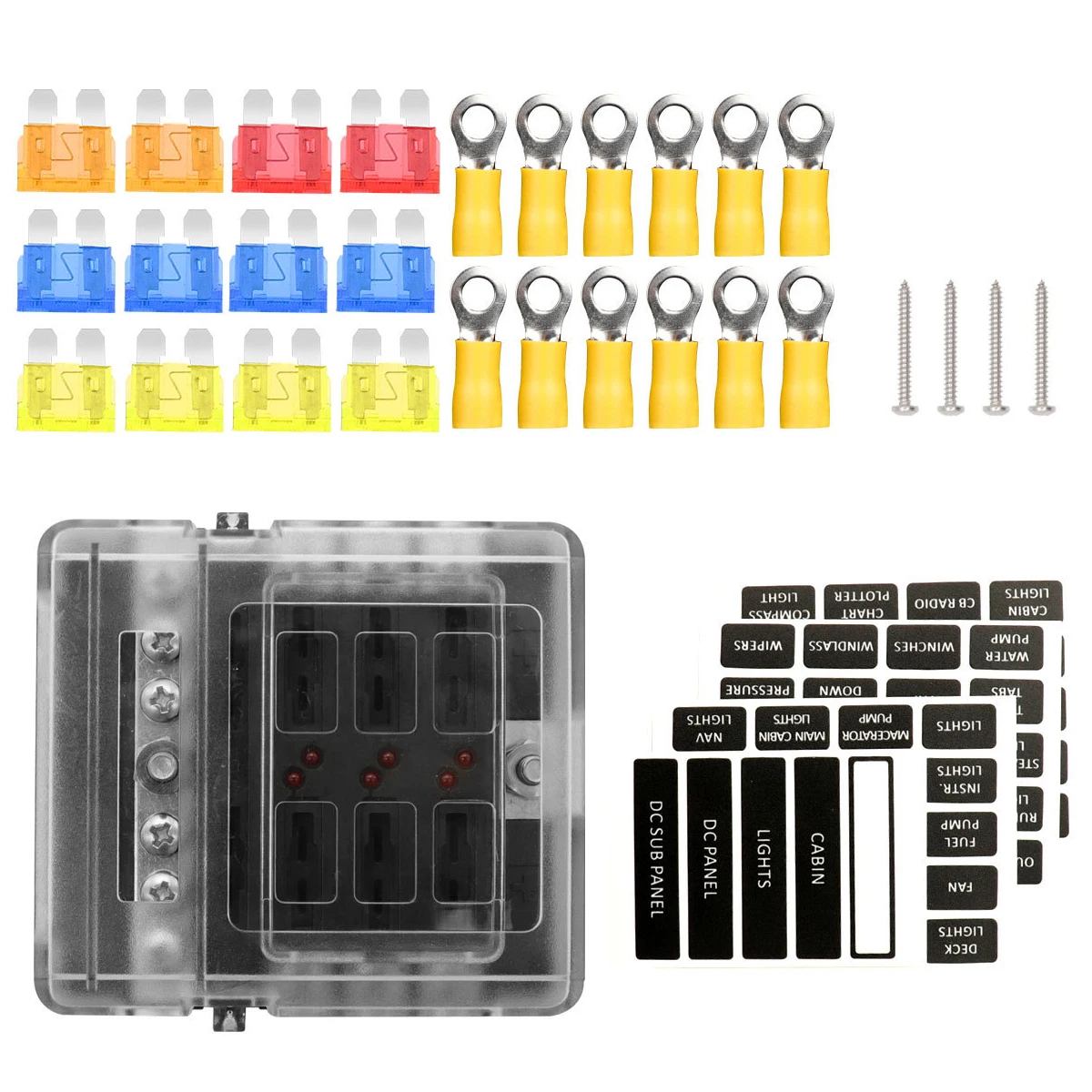 

6 Ways Fuses Box with LED Indicators Blade Fuse Block Holder for 12V-32V Car Marine