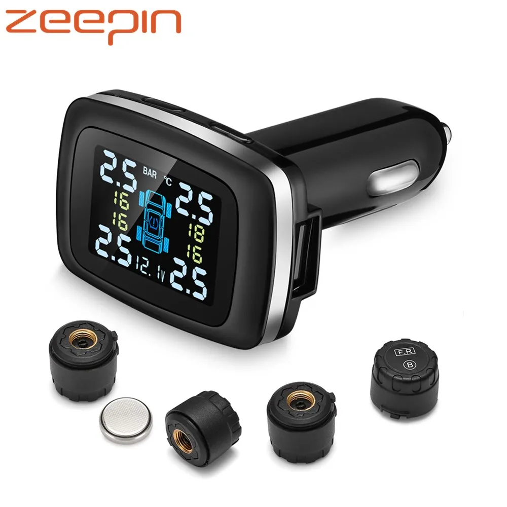 Zeepin C100 TPMS USB прикуриватель с ЖК-экраном система контроля давления в шинах с 4 внешними датчиками давления в шинах