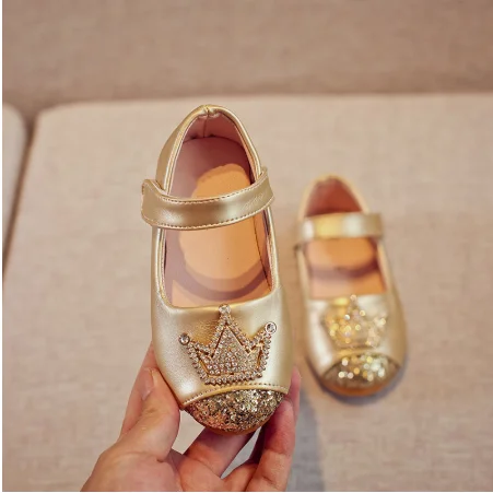 

2020 Spring Kids princess Leather Shoes For Girls Children Girl Wedding Shoe Gold Black Crown Sequins Baby Girls Footwear