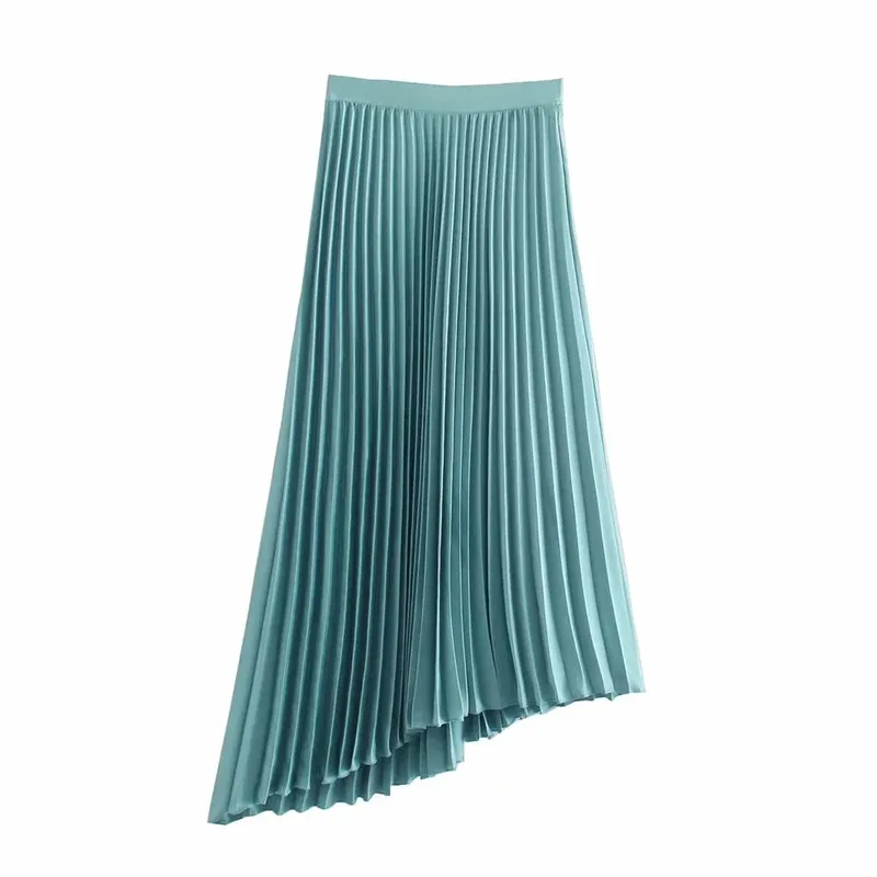 

Za 2021 Pleated Skirt Women Blue Midi Skirt High Waist A Line Long Skirts Woman Fashion Ruched Asymmetric Hem Summer Skirts