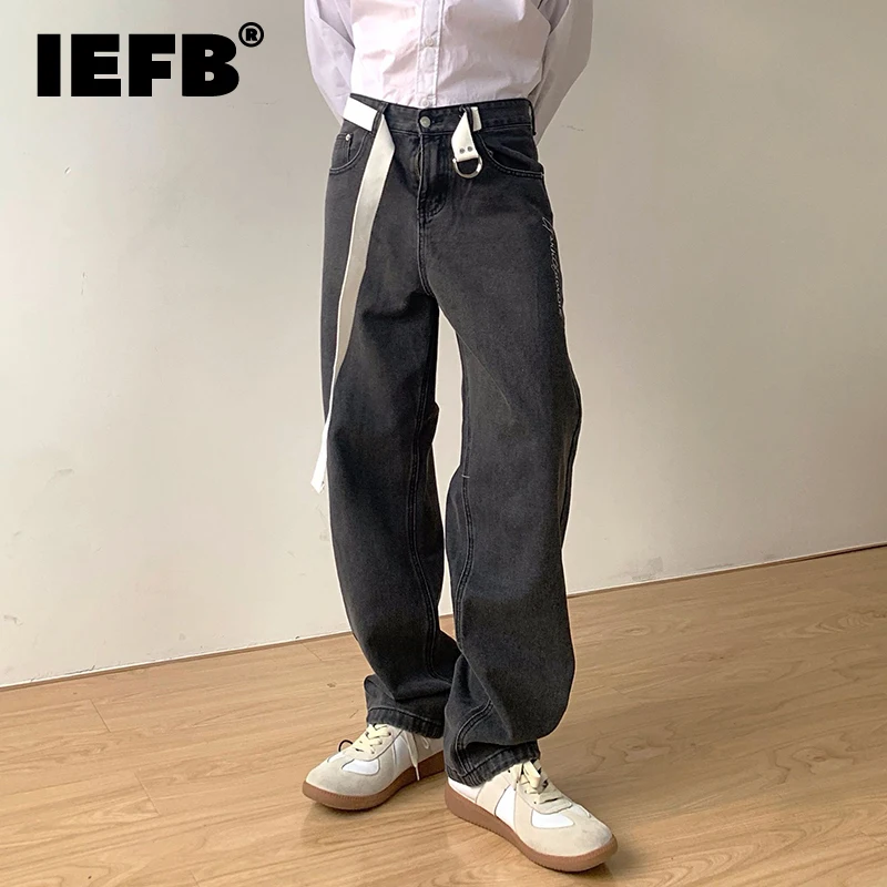 

IEFB Belt One-piece Legged Jeans Washed Black Grey Denim Trousers Loose Vertical Straight Long Pants 2021 New Korean Tide 9Y8719