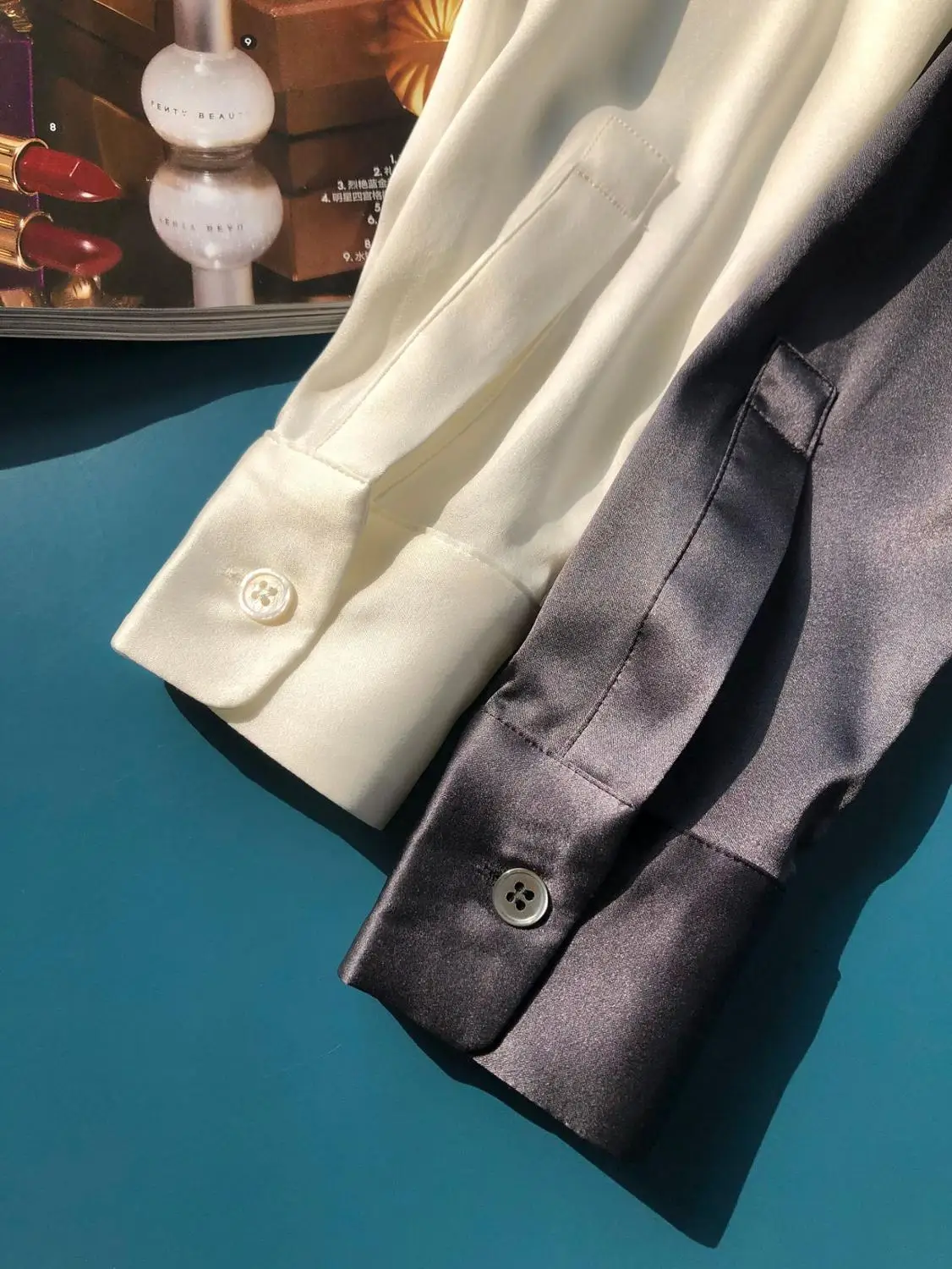 

Luxury 100% Silk Satin Long Sleeve Shirt for Women Turn-down Collar Soft Female Top Single Breasted Blouse