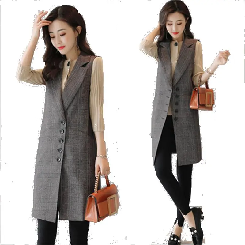 

2019 elegant new spring and autumn suit vest women's long plaid fashion slim vest straight through jacket Women sherpa vest coat