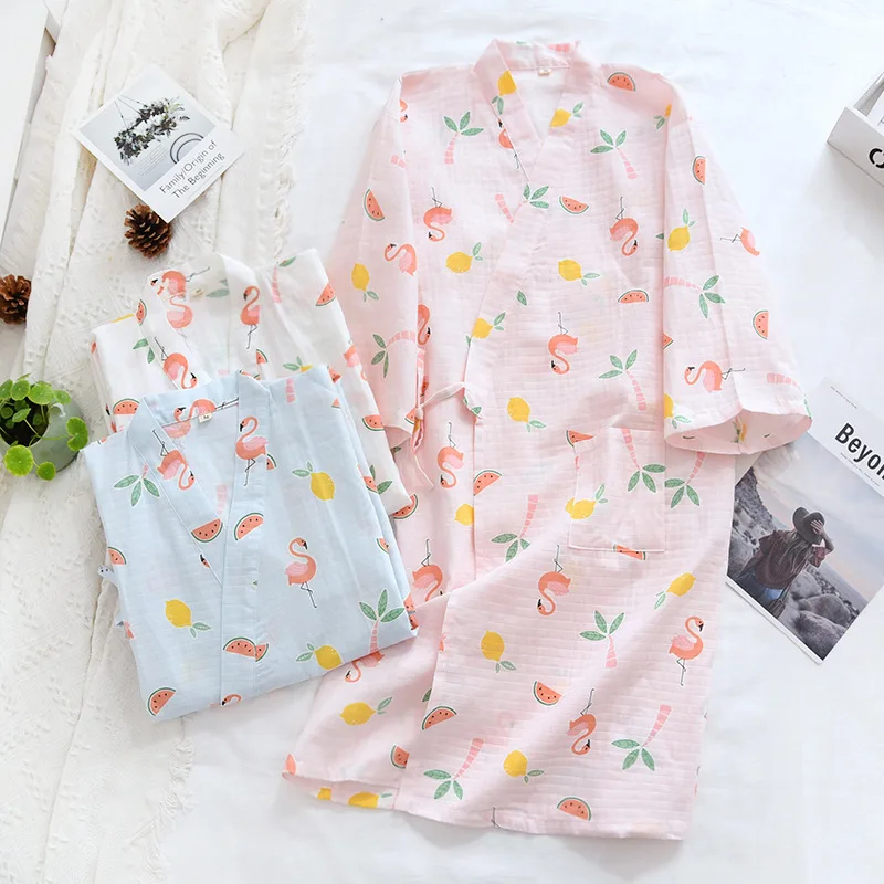 

Summer Kimono Bathrobe Long Sleeve Cotton Robes Cartoon Sleep Wear V-neck Loose and Cute Sleepwear Bath Robe Women Robe