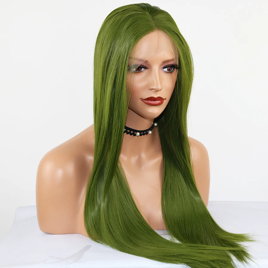 

Fantasy High Temperature Heat Resistant Fiber Hair Long Straight Dark Green Synthetic Lace Front Wigs for Drag Queen Makeup