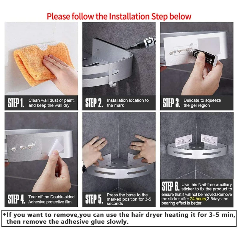 

Bathroom Shower Caddy Corner Shelf with 4 Hooks Bathroom Toilet Kitchen Storage Organizer Adhesive No Drilling Aluminum Shelves