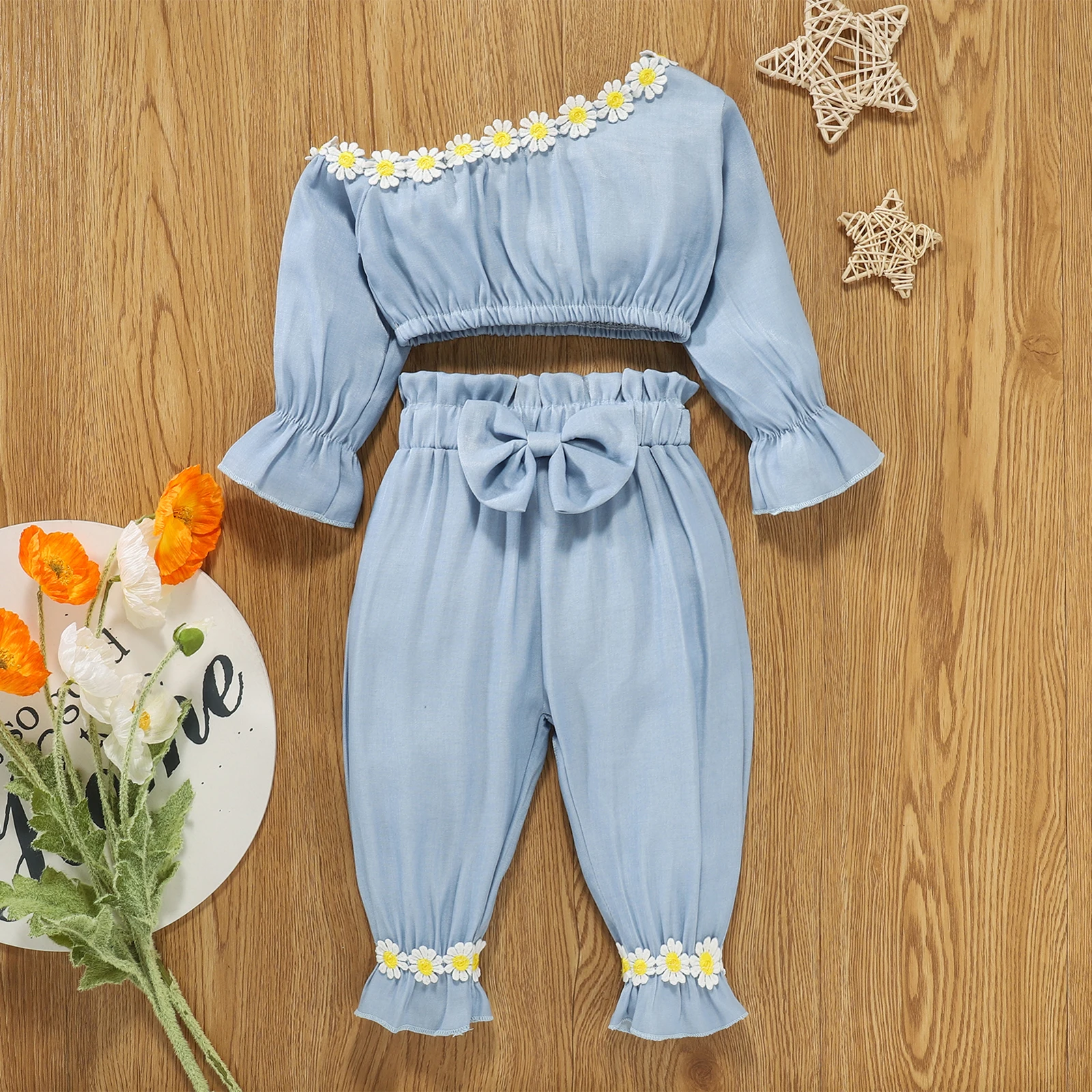 

Kid Child Girls Pants Sets Long Sleeve Oblique Shoulder Tops Front Bow Knot Tie Feet Pants 2pcs Baby Clothing