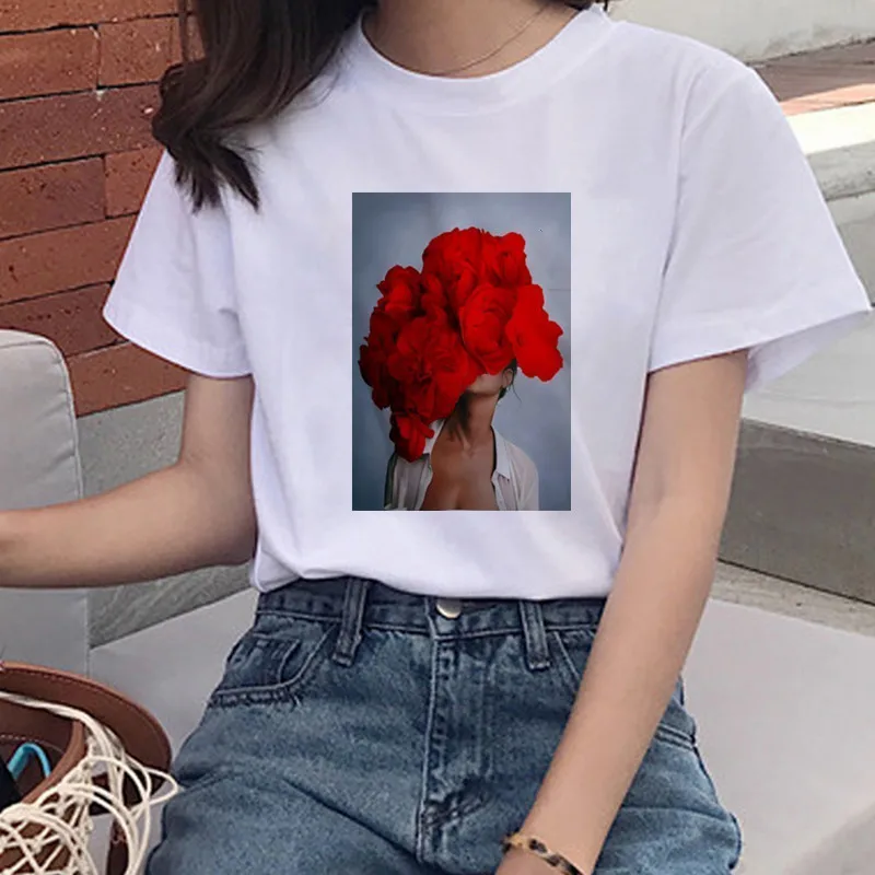 Модная эстетичная футболка в скандинавском стиле с красными цветами Харадзюку