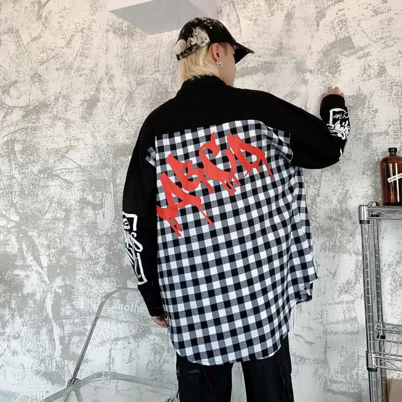 

KIOVNO Men Hip Hop Plaid Shirts Long Sleeves Harajuku Printed Top Clothiing For Male Streetwear