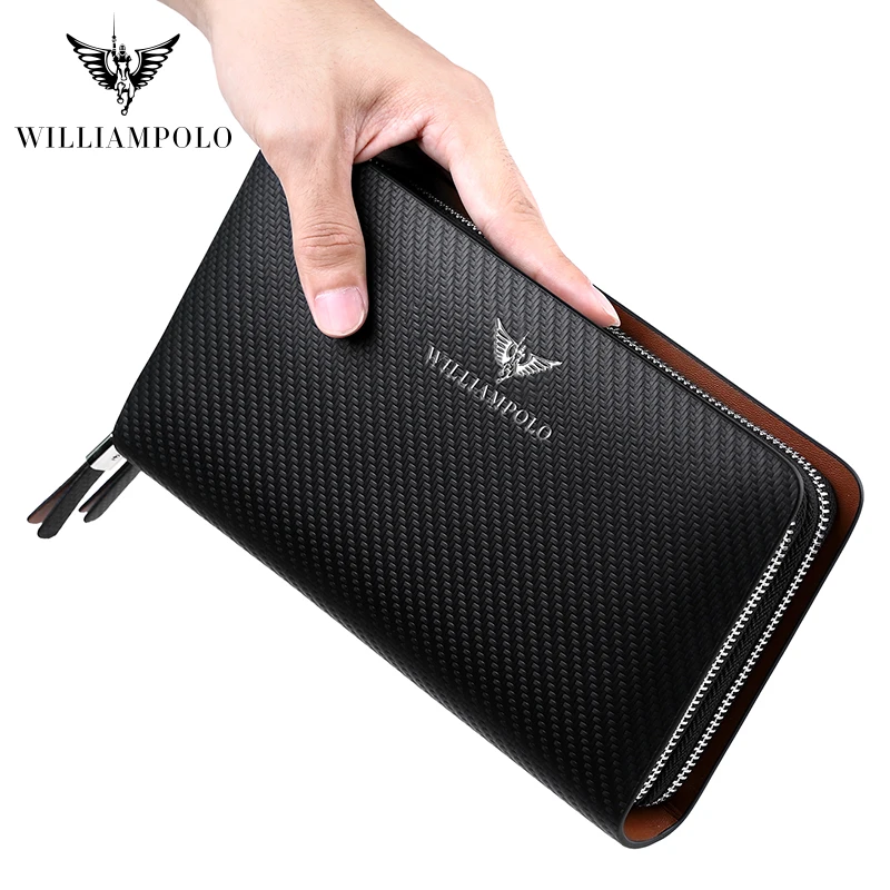 WILLIAMPOLO Men's Wallet Business Large Capacity Clutch Bag Genuine Leather Clutch Wallet Double Zipper Handbag Long Men Wallet